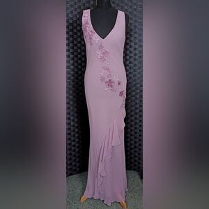 Vntg Art Deco Pink Evening Gown W/Beading/Floral Applique. From the 90s SZ-8/10